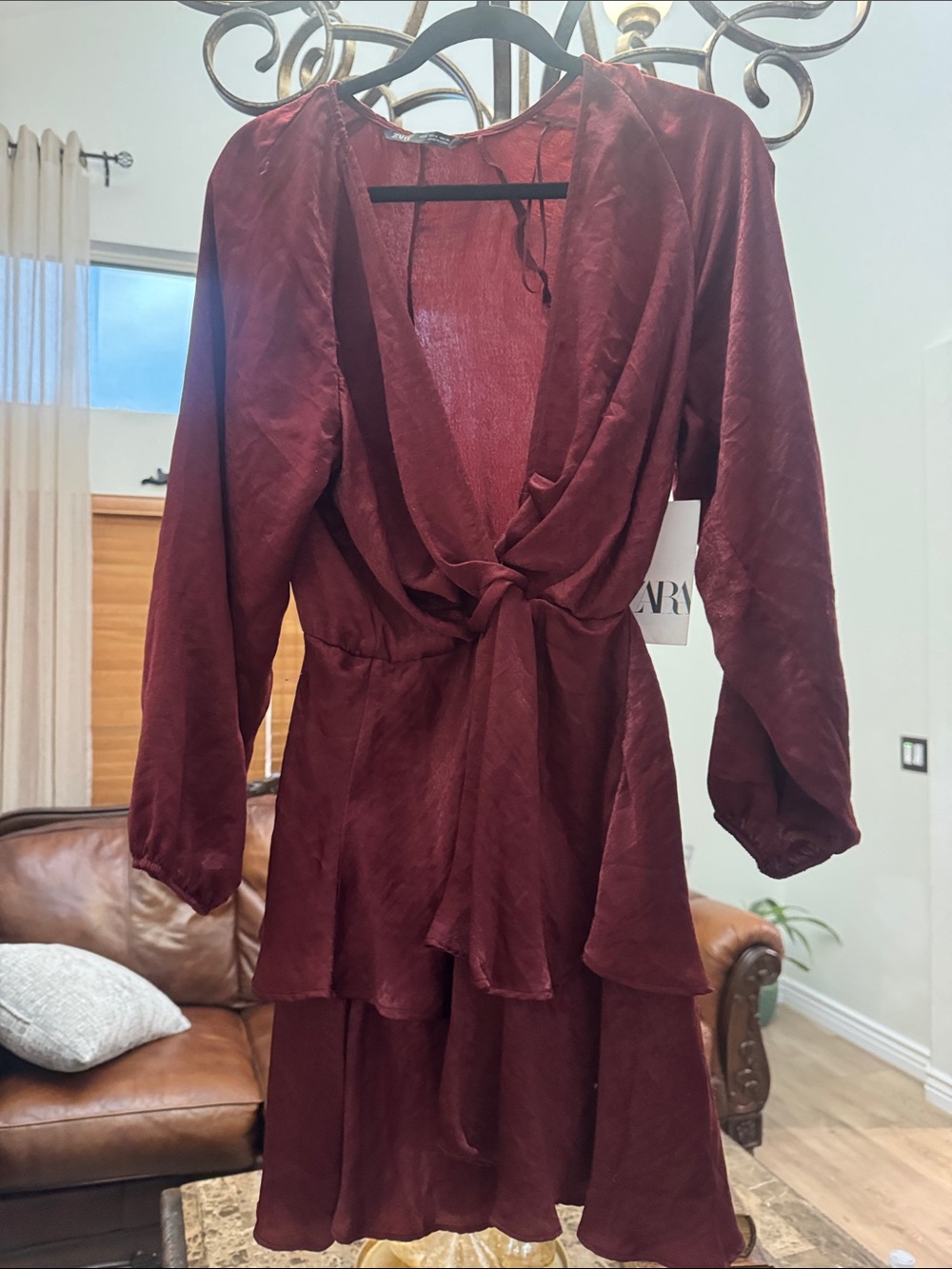Zara Burgundy Long-Sleeve Tie-Front Mini Dress